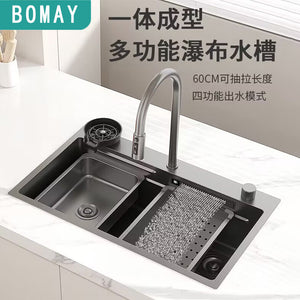 Purified Water Digital Display Rainfall Waterfall Sink Large Single Sink Nano 304 Stainless Steel Kitchen Handmade Basins For Washing Vegetables